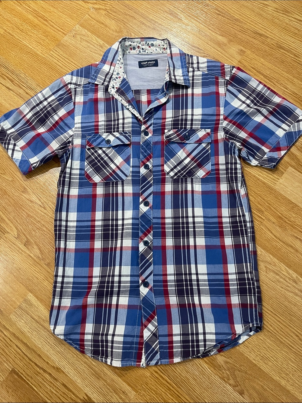 Casual Short-Sleeve Plaid Button-Down Shirt in Blue & Red